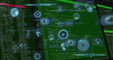Poster - Animation of digital code overlaying futuristic interface on green computer screen