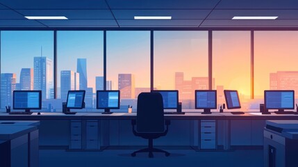 Poster - Empty office at dawn overlooking city.  Possible stock use