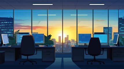 Poster - City office at sunrise; workers' desks in empty office space; stock illustration for business presentations