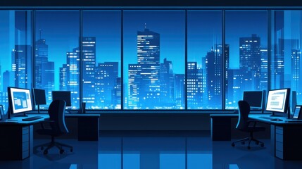 Poster - Night city office interior view, modern workspace, business concept, illustration