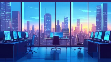 Poster - Cityscape office interior view at dawn. Ideal for stock use showcasing modern workspace