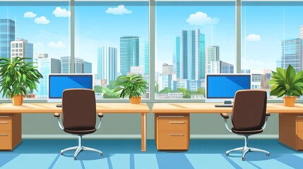 Poster - City view office, two workstations, sunny day