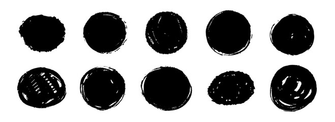 Poster - Round dried paint stains set. Textured brush stroke radial element pack. Black grunge ink circle collection. Hand drawn charcoal blobs for frame design, template, poster, banner. Vector circular spots