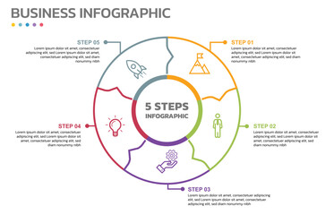 Poster - Visual data presentation. Cycle diagram with 5 options. Pie Chart Circle thin line infographic template with 5 steps, options, parts, segments. Business concept. Editable pie chart with sectors.