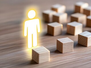Aufkleber - A person surrounded by wooden blocks representing creativity, imagination, and the building of ideas in a playful context