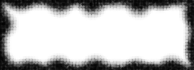 Poster - Halftone rectangle grain frame. Black comic dotted wavy border. Pop art fading gradient frame backdrop. Monochrome grunge abstract framing background. Vector dot textured graphic design wallpaper
