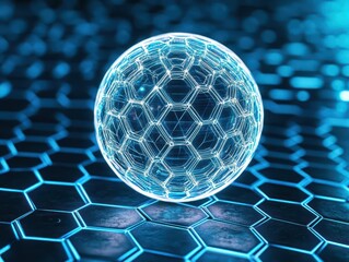 Poster - Sphere against a deep blue background creating a striking visual contrast and representing modern minimalist aesthetics