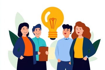 Poster - Group of people engaged in discussion with a light bulb illuminating above them representing bright ideas and innovation