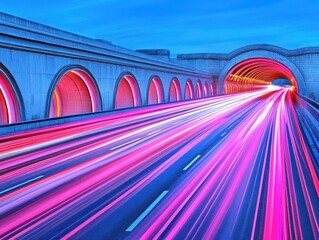 Leinwandbilder - Futuristic tunnel with bright light trails creating a dynamic visual effect symbolizing speed and movement in technology