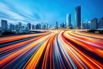 Fototapete - Vibrant cityscape at night with stunning light trails from cars creating a dynamic and lively urban atmosphere