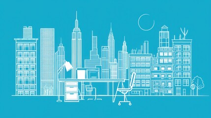 Poster - Modern office in New York City skyline background, illustration