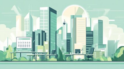 Poster - Modern cityscape office scene, collaborative workspace, city skyline, digital tools, illustration