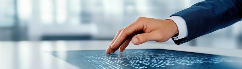 Leinwandbilder - Close-up of a hand pointing at a digital screen displaying information highlighting interaction with technology and data