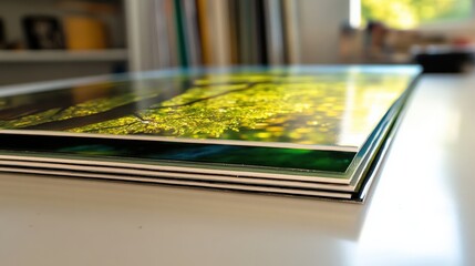 Poster - stacked glossy prints showcasing vibrant green foliage in a sunlit workspace