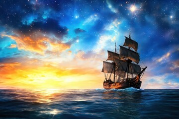 Poster - A majestic ship gliding gracefully across the vast ocean waters under a bright blue sky on a clear sunny day