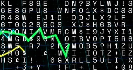 Poster - Animation of green line graph fluctuating over random characters on dark background