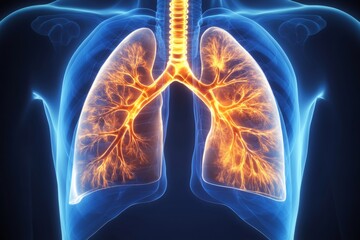 Poster - Human lungs x-ray illustration shows respiratory system anatomy. Detailed view of lung structure highlights healthy breathing process. Abstract graphic promotes health, respiratory system , 32k  image