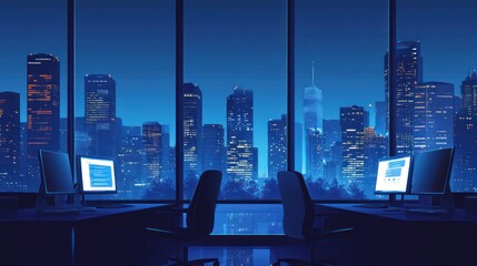 Poster - Empty office at night with city view.  Use for Business, productivity, or future concept design