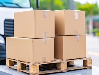 Poster - Large delivery truck transporting stacked boxes on a busy road surrounded by urban landscape and clear blue sky