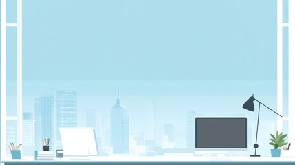 Poster - Modern office desk overlooking city skyline. Use for desktop backgrounds, business presentations, etc.