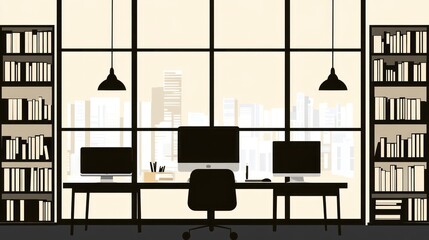 Poster - Modern office interior, city view, work space, minimalist design, illustration, suitable for presentation slides, posters, or prints