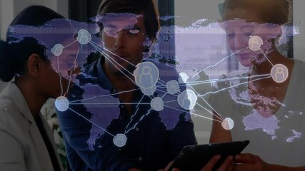 Poster - Collaborating with global network connections overlay, business professionals in office