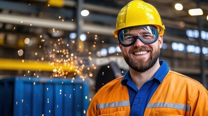 Poster - Man wearing a hard hat and safety goggles for protection, emphasizing workplace safety and responsibility in construction