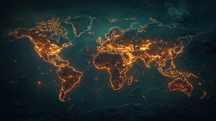 Fototapete - Global economy concept: a 3D world map with luminous business connections spanning across countries.