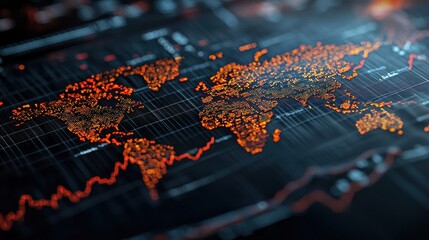 Fototapete - Global trading system displayed on a realistic world map with real-time stock market data.