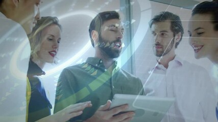 Poster - Business team discussing over digital data processing animation in office setting