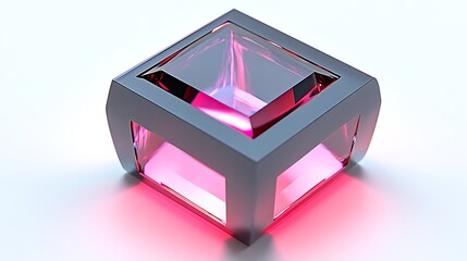 Poster - Illuminated Crystal Cube in Dark Frame, Glowing Pink