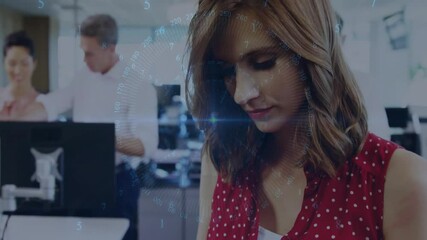 Poster - In office, woman in red dress with animation of digital numbers overlaying