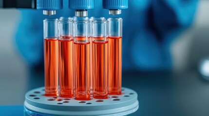 Poster - Blood test tube filled with fresh blood sample in a clinical laboratory setting for medical analysis and research