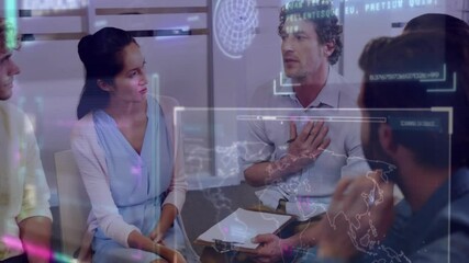 Poster - Business team discussing strategy with digital data processing animation overlay