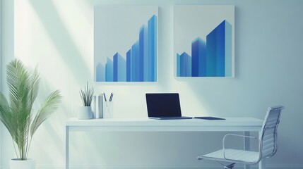 Aufkleber - Modern office workspace with art, laptop, and plants