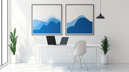 Poster - Modern office interior with framed art and workspace. Possible use Stock photo for modern office design