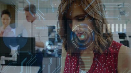 Poster - In tech-focused office, woman in red top with digital circuit animation overlay