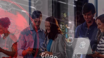Poster - Collaborating on digital data, business professionals using animation in office setting