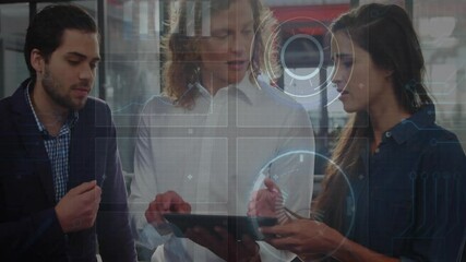Poster - Discussing futuristic data visualization, business professionals using digital interface in office