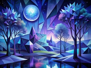Poster - Cubist Night Landscape: Abstract Organic Shapes and Lines in Moonlight