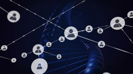 Poster - Animation of DNA strand connecting user icons over dark background