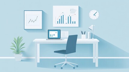 Aufkleber - Modern office workspace with laptop, charts, and plants.  Possible use Stock photo for business, productivity, or design concepts