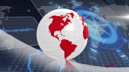 Poster - Animation of rotating globe with red continents on digital grid background