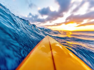 Poster - Bright yellow kayak paddle floating on sparkling ocean water under a clear blue sky on a beautiful sunny day