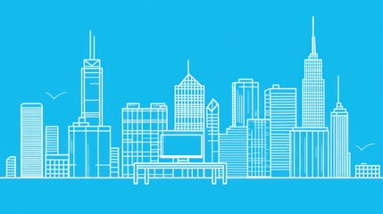 Poster - Line art city skyline with computer, for workspace illustration
