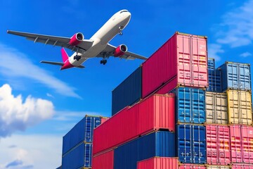 Poster - Airplane flying over a stacked array of colorful cargo containers at a busy shipping yard under clear blue skies
