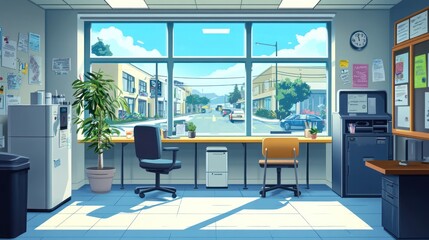 Poster - Sunny office interior, city view, tranquil workspace