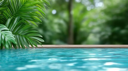 Poster - Serene swimming pool with palm tree in background signifying tropical relaxation and vacation vibes under clear sky