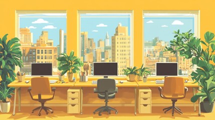 Poster - City View Office Workspace; Interior, Bright, Modern