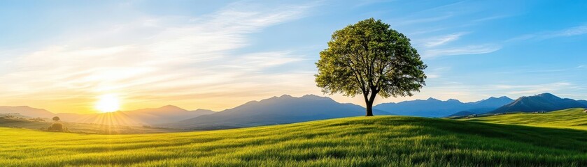 Poster - Majestic tree standing alone in a wide open field under a bright blue sky with fluffy white clouds above